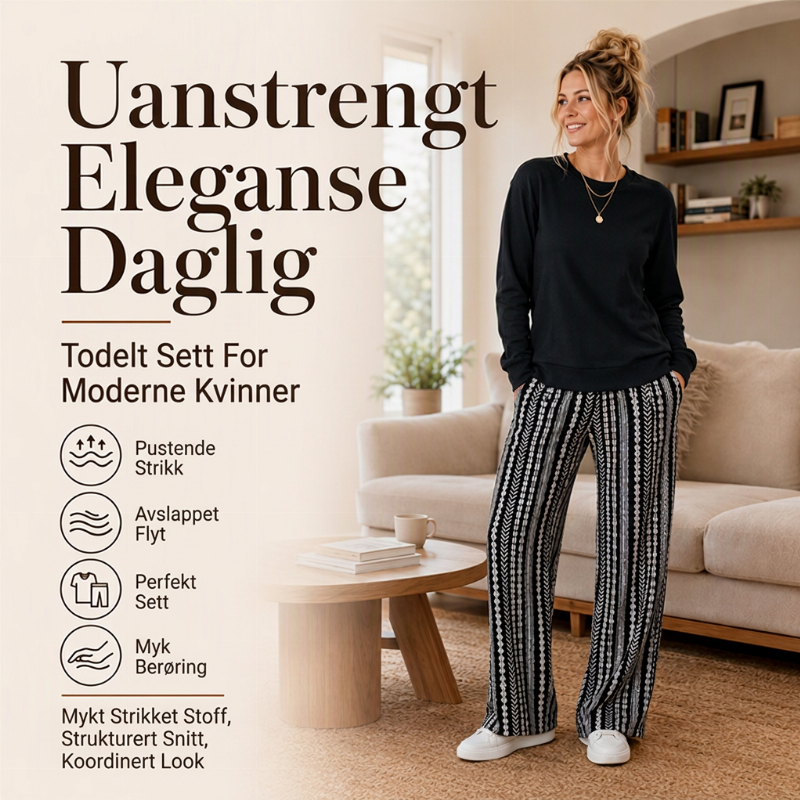🖤 50% RABATT | Avslappet 2-delt damesett – rund hals & mønstrede bukser med vide ben