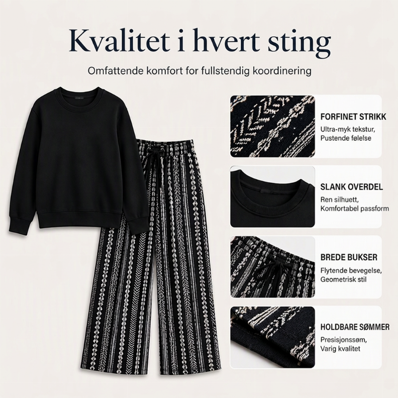 🖤 50% RABATT | Avslappet 2-delt damesett – rund hals & mønstrede bukser med vide ben