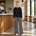 🖤 50% RABATT | Avslappet 2-delt damesett – rund hals & mønstrede bukser med vide ben