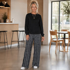 🖤 50% RABATT | Avslappet 2-delt damesett – rund hals & mønstrede bukser med vide ben