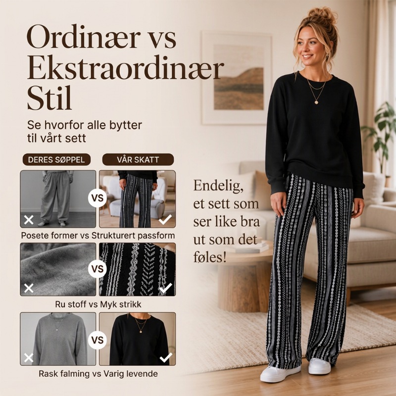 🖤 50% RABATT | Avslappet 2-delt damesett – rund hals & mønstrede bukser med vide ben