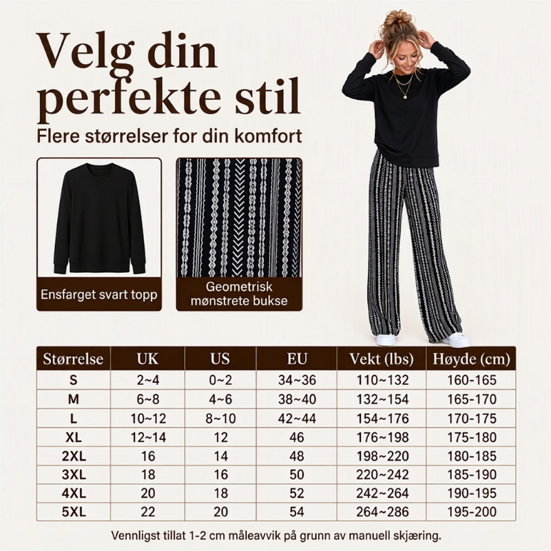 🖤 50% RABATT | Avslappet 2-delt damesett – rund hals & mønstrede bukser med vide ben
