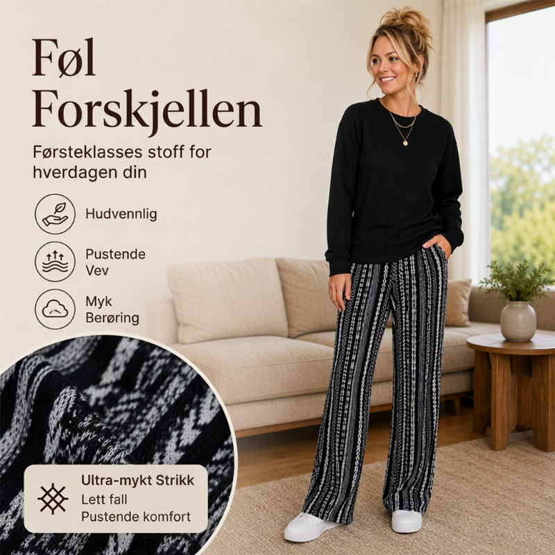 🖤 50% RABATT | Avslappet 2-delt damesett – rund hals & mønstrede bukser med vide ben
