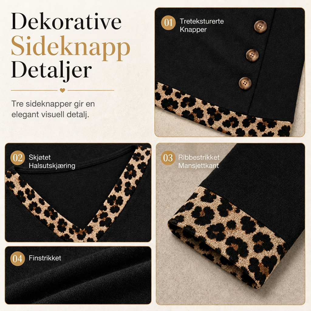 🍂 50% RABATT | Strikket topp med V-hals, leoparddetaljer & dekorative knapper