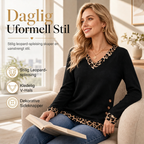 🍂 50% RABATT | Strikket topp med V-hals, leoparddetaljer & dekorative knapper