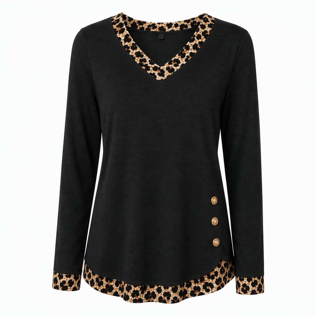 🍂 50% RABATT | Strikket topp med V-hals, leoparddetaljer & dekorative knapper