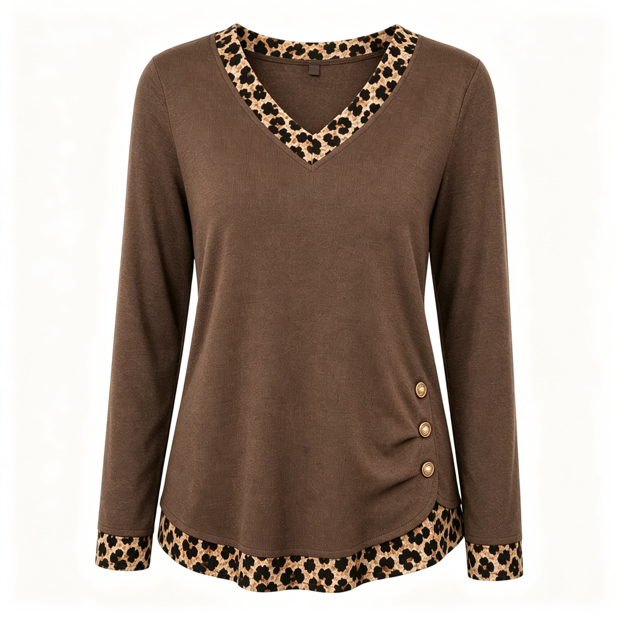 🍂 50% RABATT | Strikket topp med V-hals, leoparddetaljer & dekorative knapper