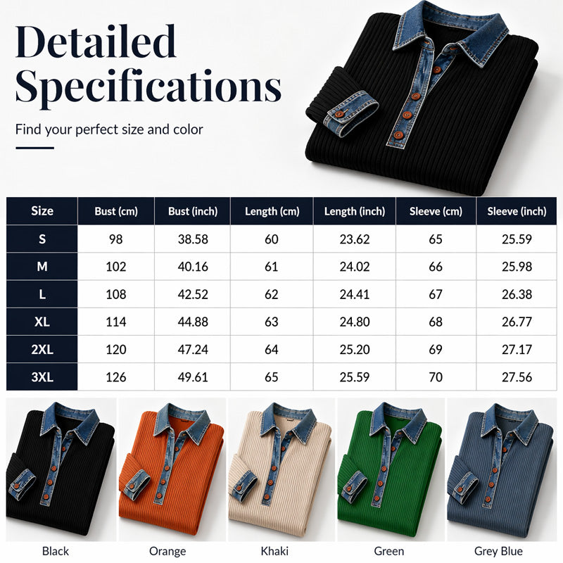 🍂 52% RABATT | Ribbestrikket dametopp med denimkrage – avslappet & stilren passform