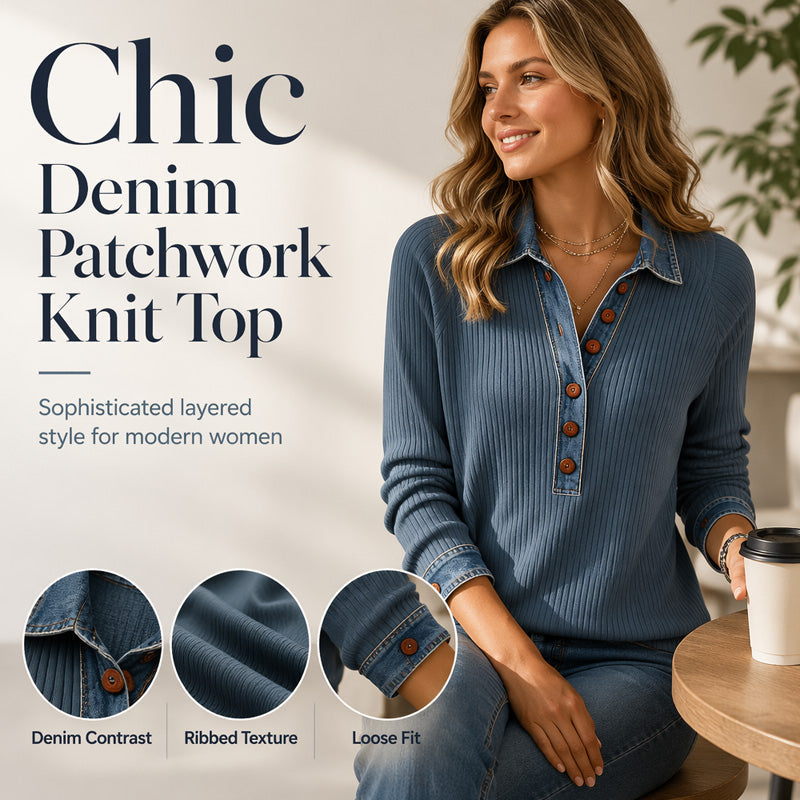 🍂 52% RABATT | Ribbestrikket dametopp med denimkrage – avslappet & stilren passform