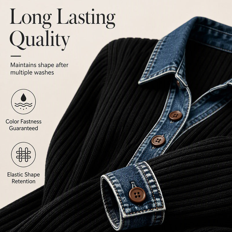 🍂 52% RABATT | Ribbestrikket dametopp med denimkrage – avslappet & stilren passform