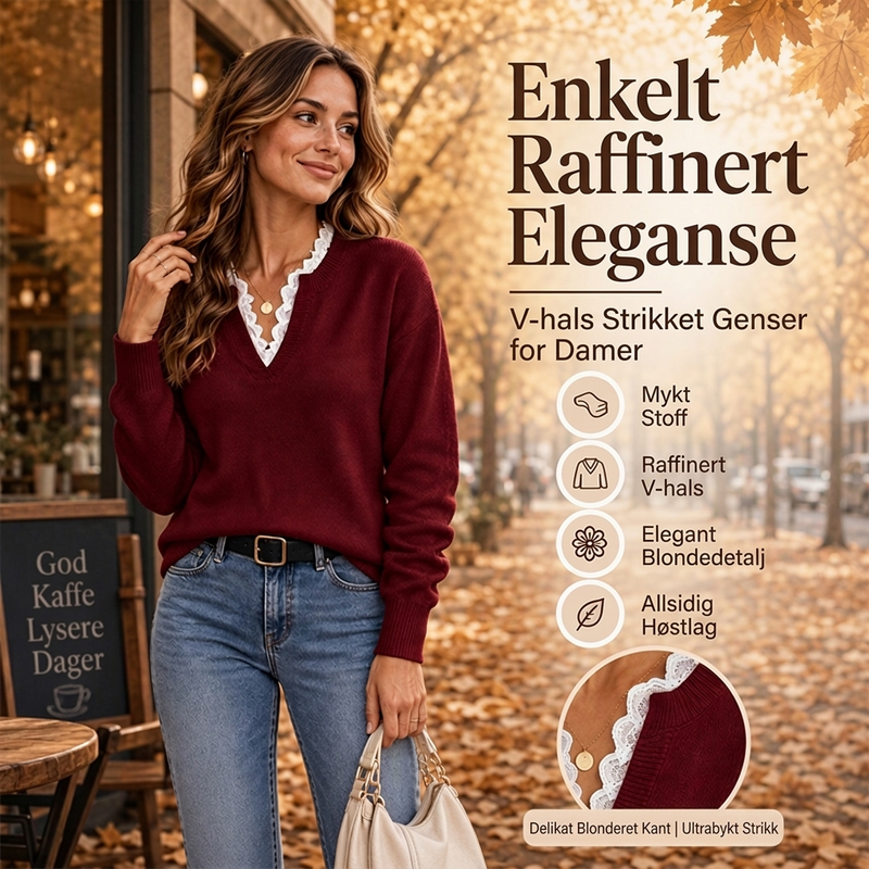 🍂 50 % RABATT ✨ Elegant strikkegenser for kvinner – V-hals med blondedetaljer og myk høststil