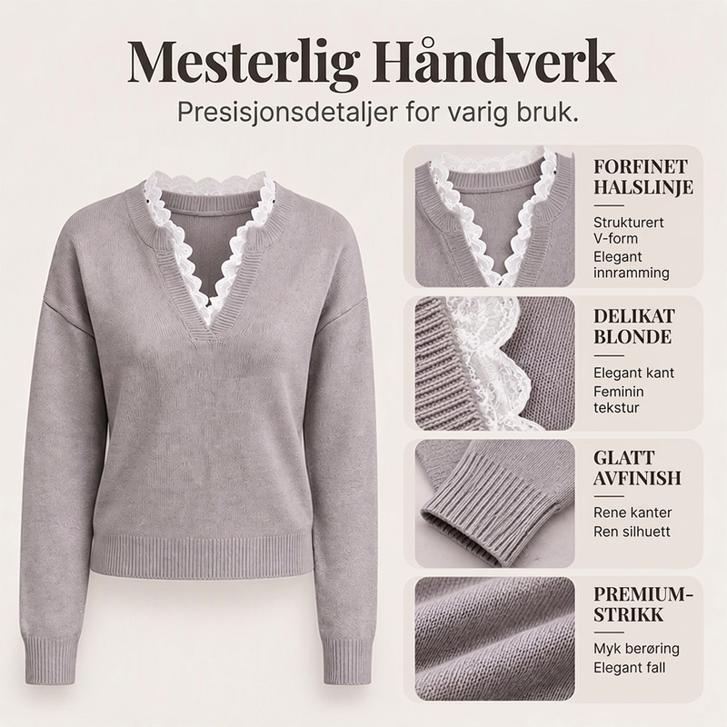 🍂 50 % RABATT ✨ Elegant strikkegenser for kvinner – V-hals med blondedetaljer og myk høststil