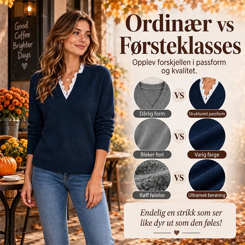 🍂 50 % RABATT ✨ Elegant strikkegenser for kvinner – V-hals med blondedetaljer og myk høststil
