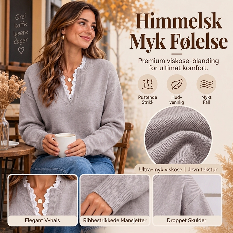 🍂 50 % RABATT ✨ Elegant strikkegenser for kvinner – V-hals med blondedetaljer og myk høststil