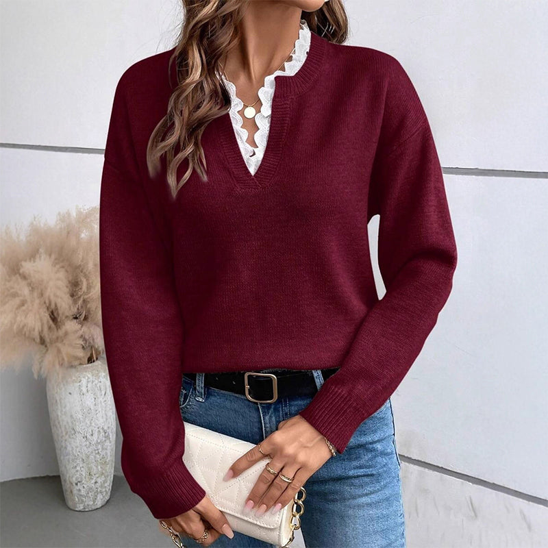 🍂 50 % RABATT ✨ Elegant strikkegenser for kvinner – V-hals med blondedetaljer og myk høststil