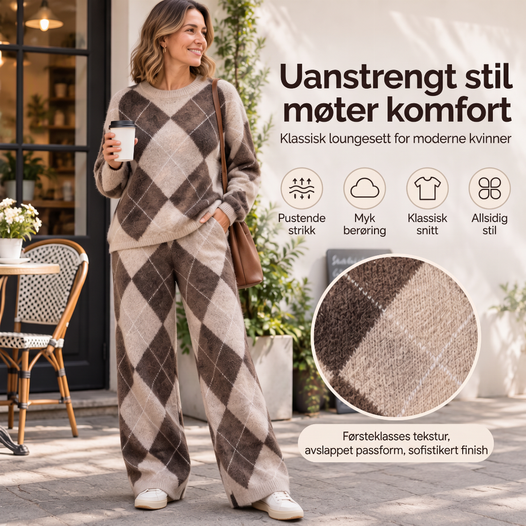 🥳50% RABATT💕 – Mykt 2-delt argyle-strikkesett med vide bukser