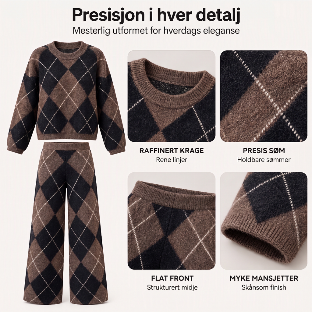 🥳50% RABATT💕 – Mykt 2-delt argyle-strikkesett med vide bukser