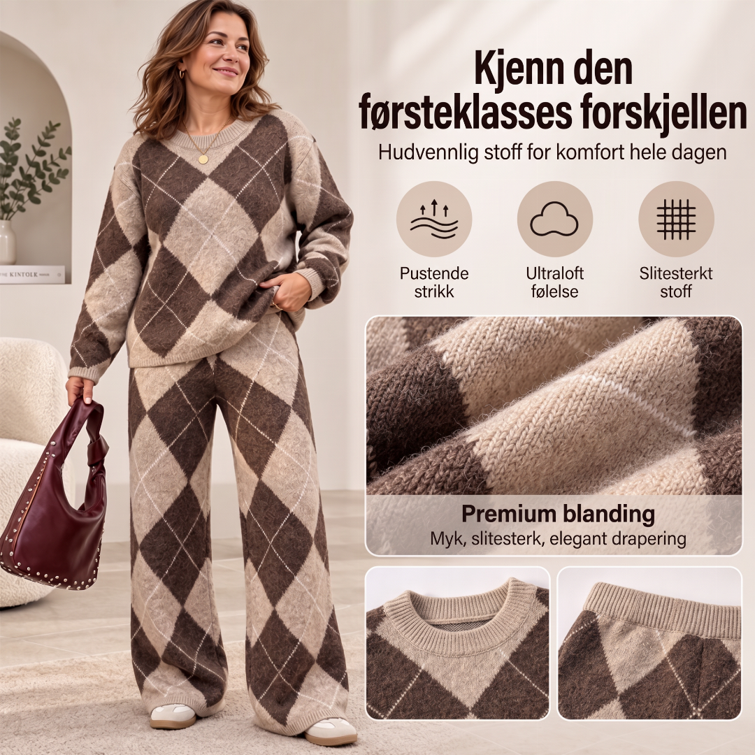 🥳50% RABATT💕 – Mykt 2-delt argyle-strikkesett med vide bukser