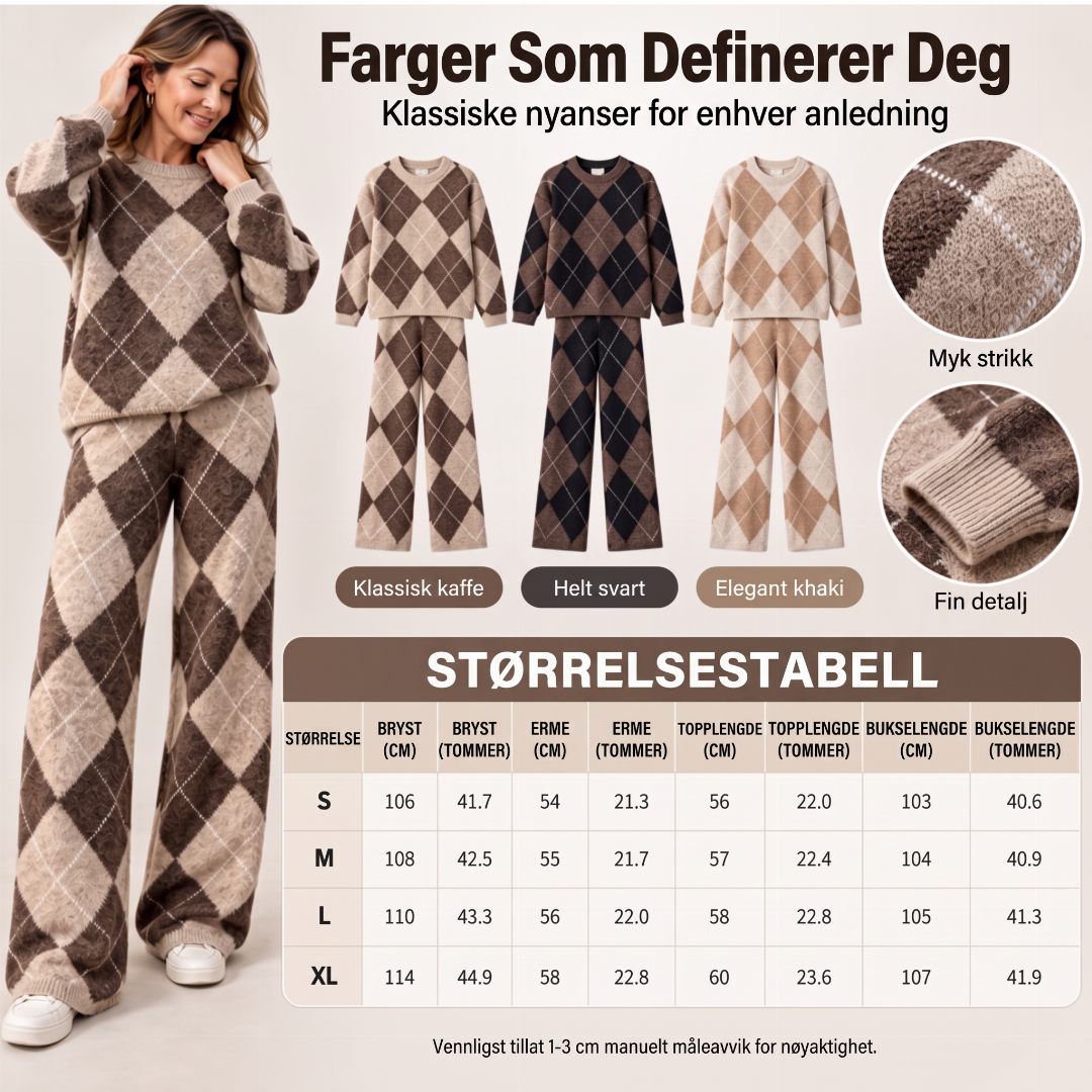 🥳50% RABATT💕 – Mykt 2-delt argyle-strikkesett med vide bukser