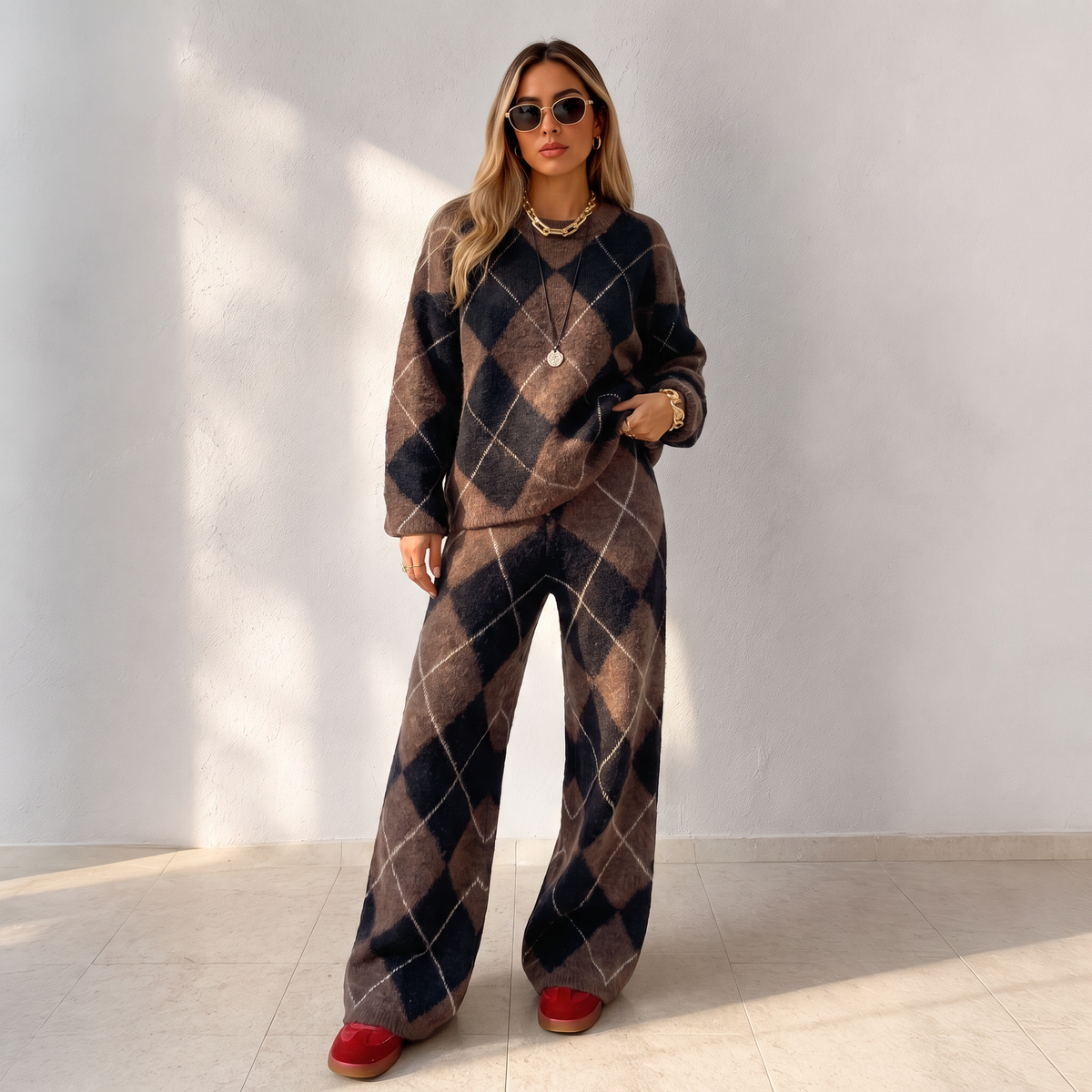 🥳50% RABATT💕 – Mykt 2-delt argyle-strikkesett med vide bukser