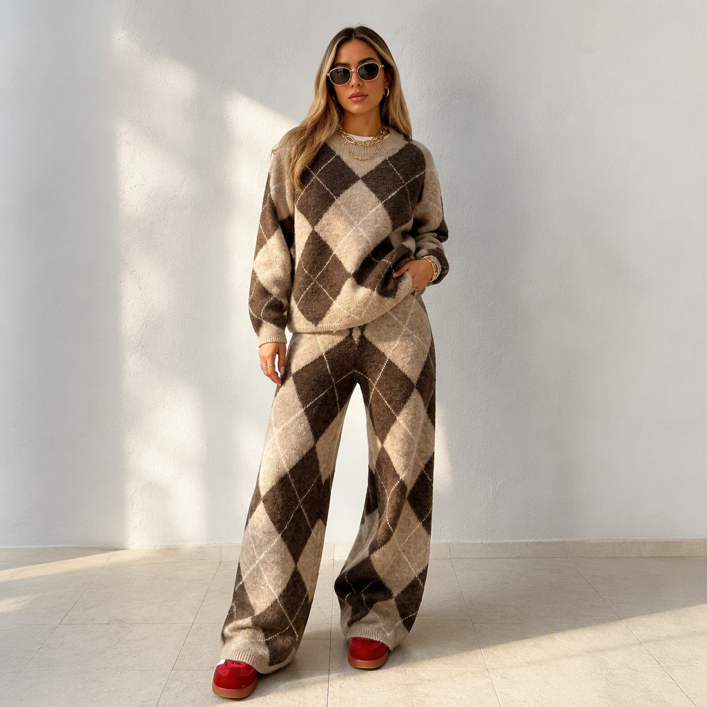 🥳50% RABATT💕 – Mykt 2-delt argyle-strikkesett med vide bukser