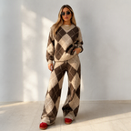 🥳50% RABATT💕 – Mykt 2-delt argyle-strikkesett med vide bukser