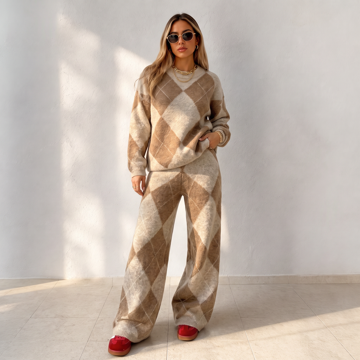 🥳50% RABATT💕 – Mykt 2-delt argyle-strikkesett med vide bukser