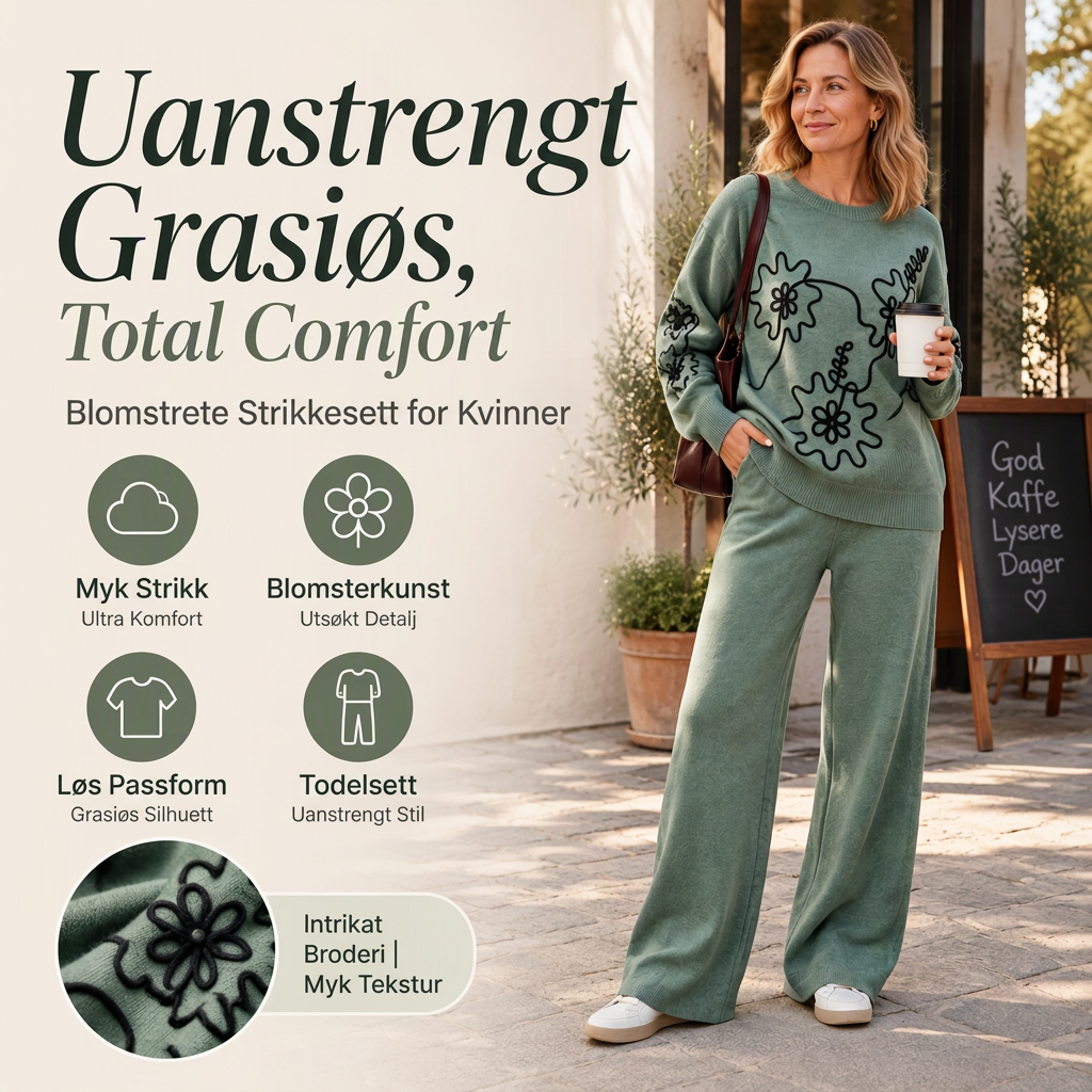 🥳🥳🥳50% RABATT – Mykt 2-delt strikkesett med blomsterbroderi og vide bukser