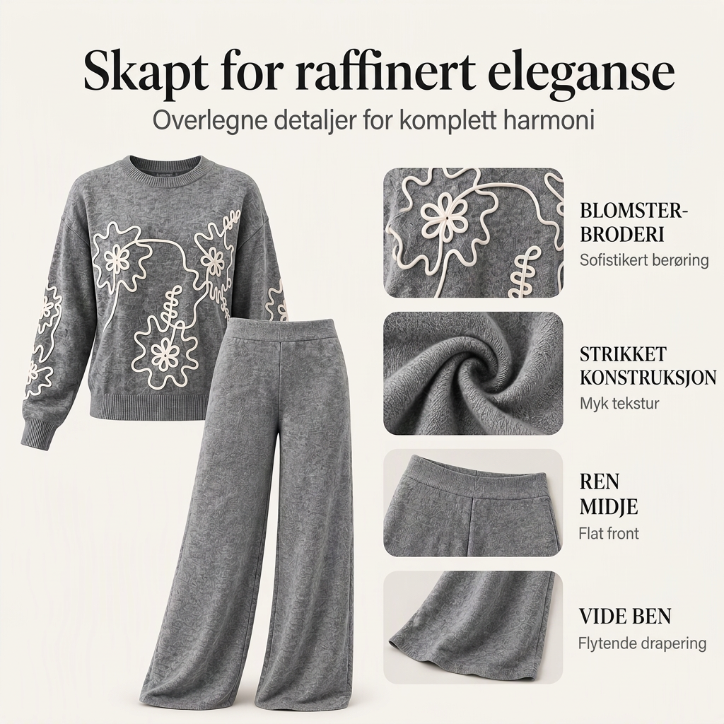 🥳🥳🥳50% RABATT – Mykt 2-delt strikkesett med blomsterbroderi og vide bukser