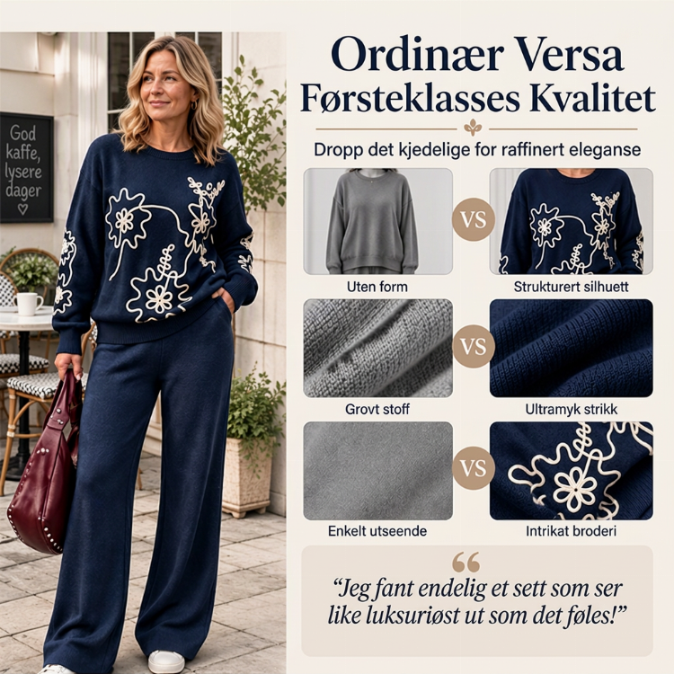 🥳🥳🥳50% RABATT – Mykt 2-delt strikkesett med blomsterbroderi og vide bukser