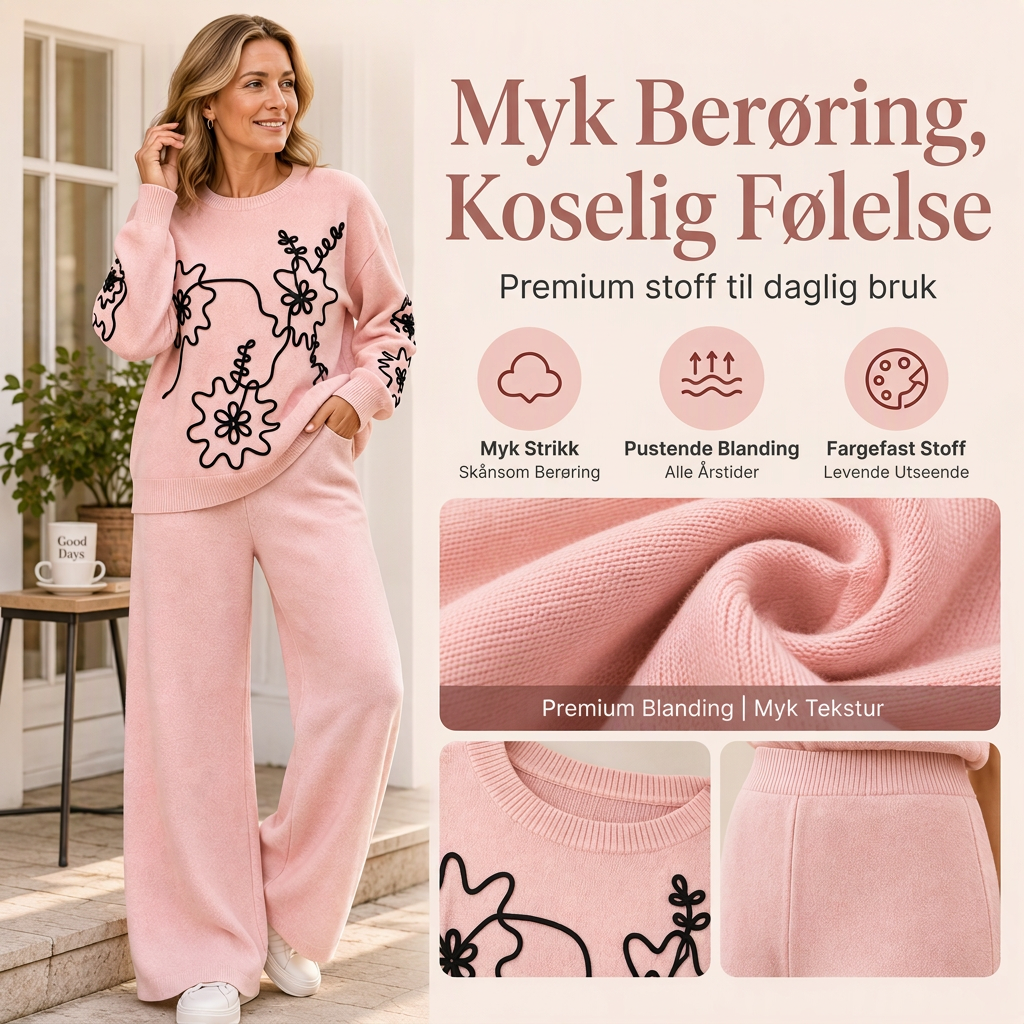 🥳🥳🥳50% RABATT – Mykt 2-delt strikkesett med blomsterbroderi og vide bukser
