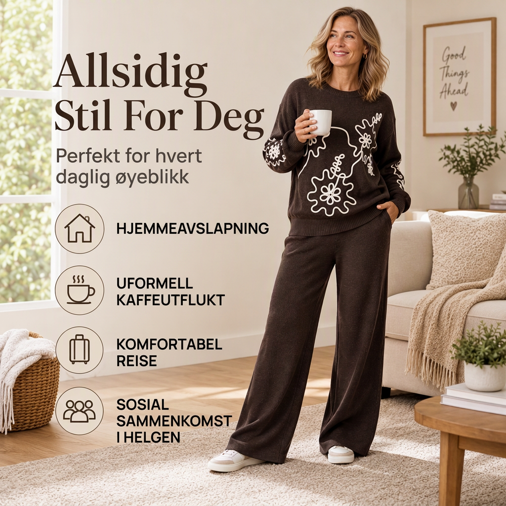 🥳🥳🥳50% RABATT – Mykt 2-delt strikkesett med blomsterbroderi og vide bukser