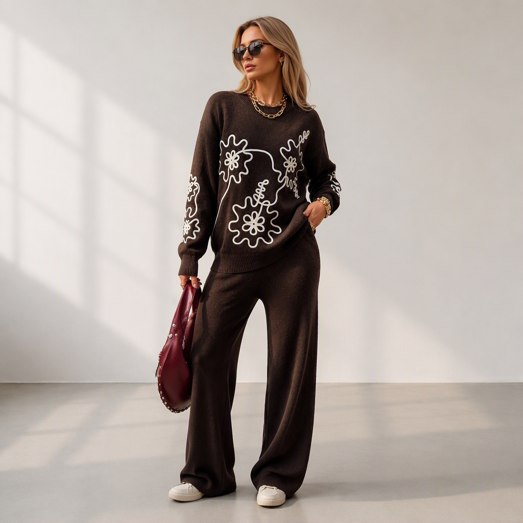 🥳🥳🥳50% RABATT – Mykt 2-delt strikkesett med blomsterbroderi og vide bukser