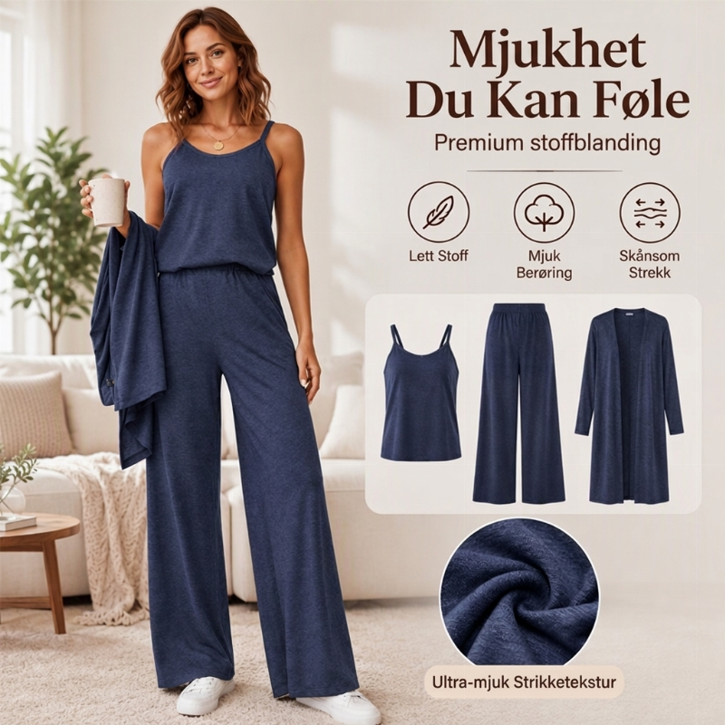 🔥50% RABATT 💕– Elegant 3-delt damesett med cardigan og bukser med vide ben