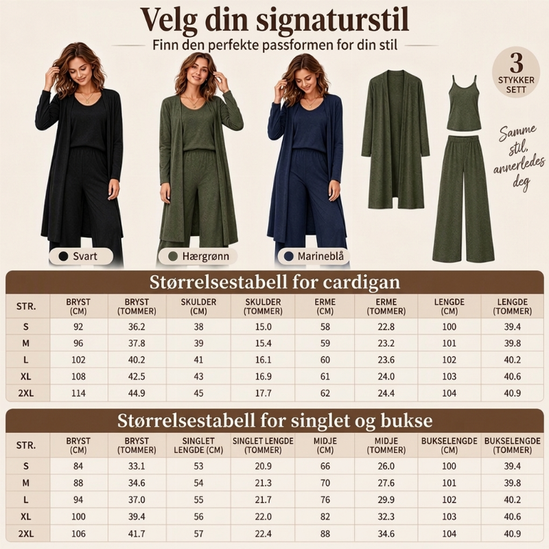 🔥50% RABATT 💕– Elegant 3-delt damesett med cardigan og bukser med vide ben