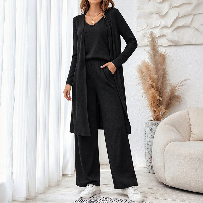 🔥50% RABATT 💕– Elegant 3-delt damesett med cardigan og bukser med vide ben