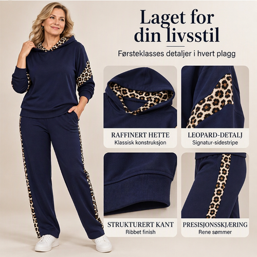 Damesett med leopardprinttopp og høylivet, rettbenette bukser