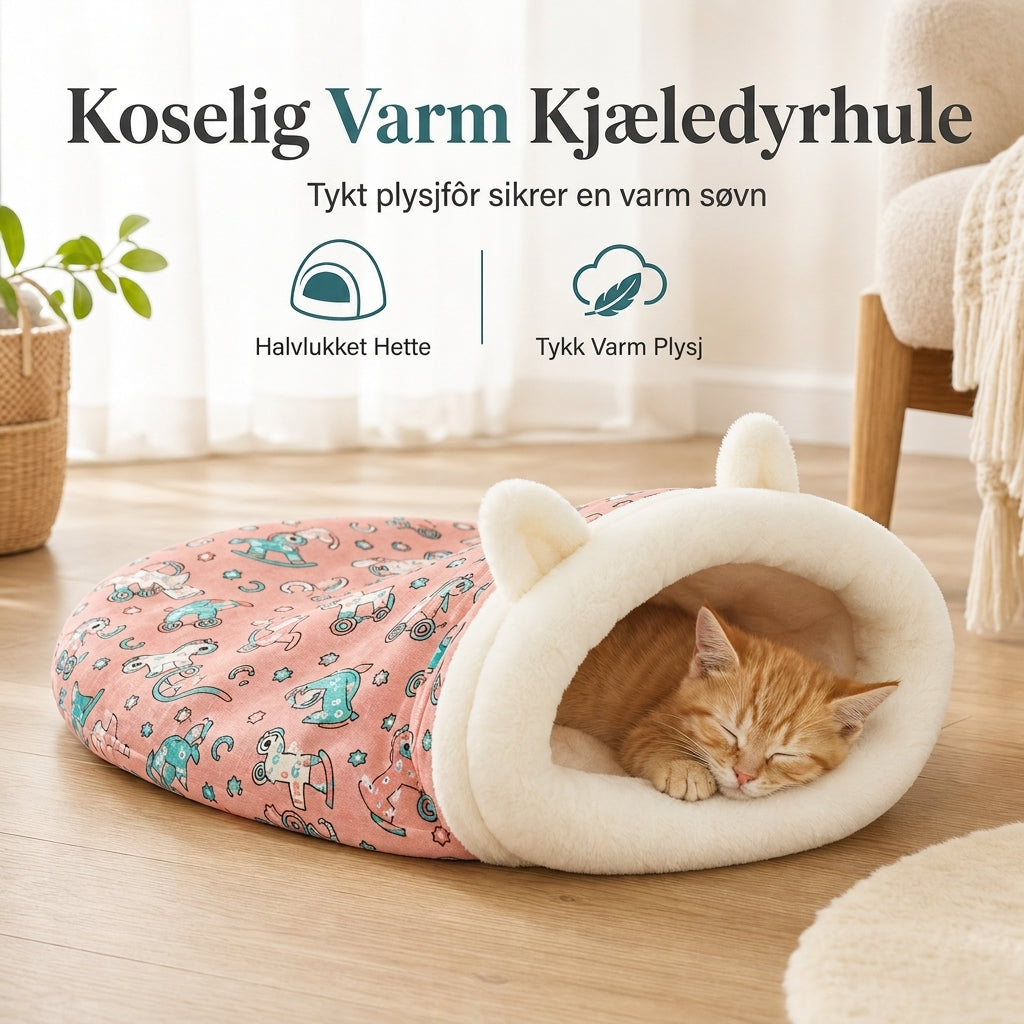 🐾 50% RABATT | Varm kjæledyrhule med myk plysj – sovepose for katt & liten hund