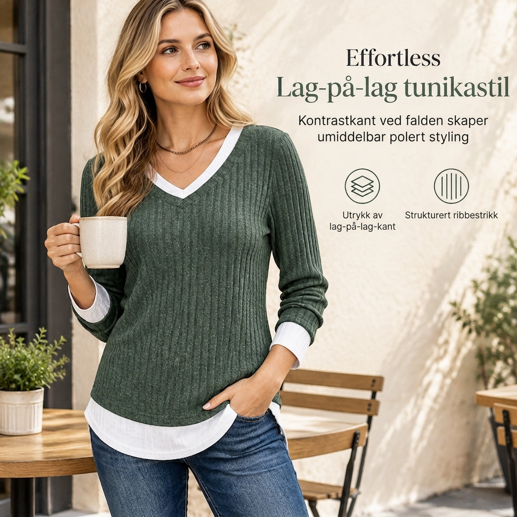 🍂 50% RABATT – Lagdelt Strikkegenser for Kvinner | V-hals, Ribbestrikk & Elegant Lag-på-lag-look