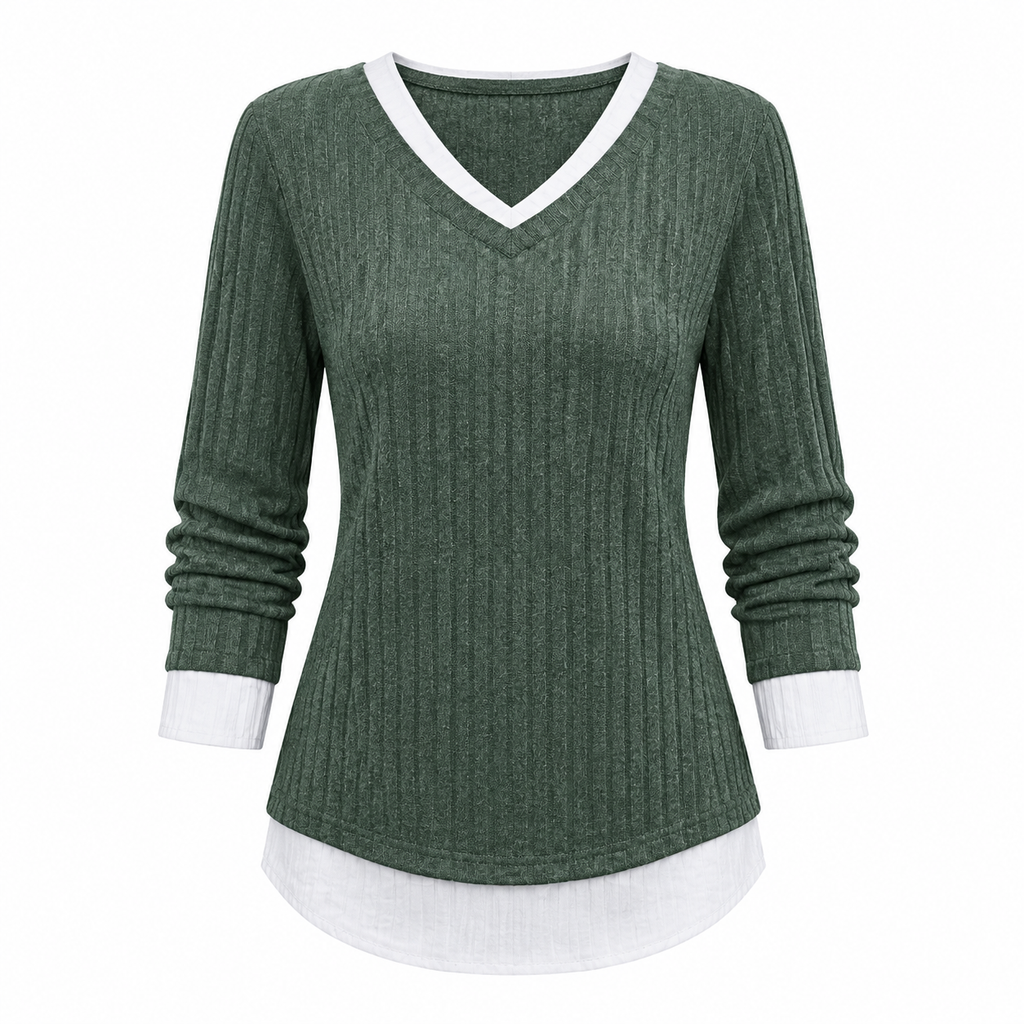 🍂 50% RABATT – Lagdelt Strikkegenser for Kvinner | V-hals, Ribbestrikk & Elegant Lag-på-lag-look