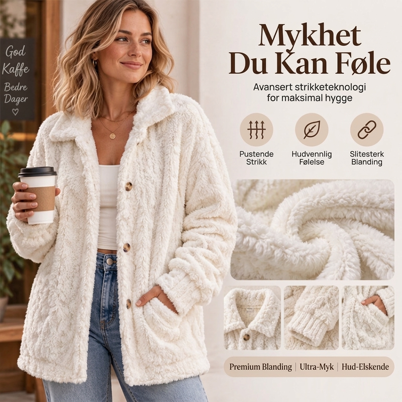 🍂 50% RABATT – Myk Teddyjakke for Dame med Knapper og Sidelommer