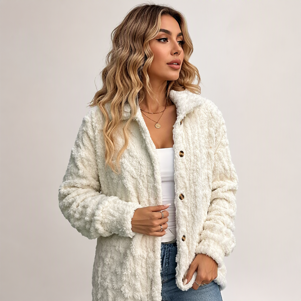 🍂 50% RABATT – Myk Teddyjakke for Dame med Knapper og Sidelommer