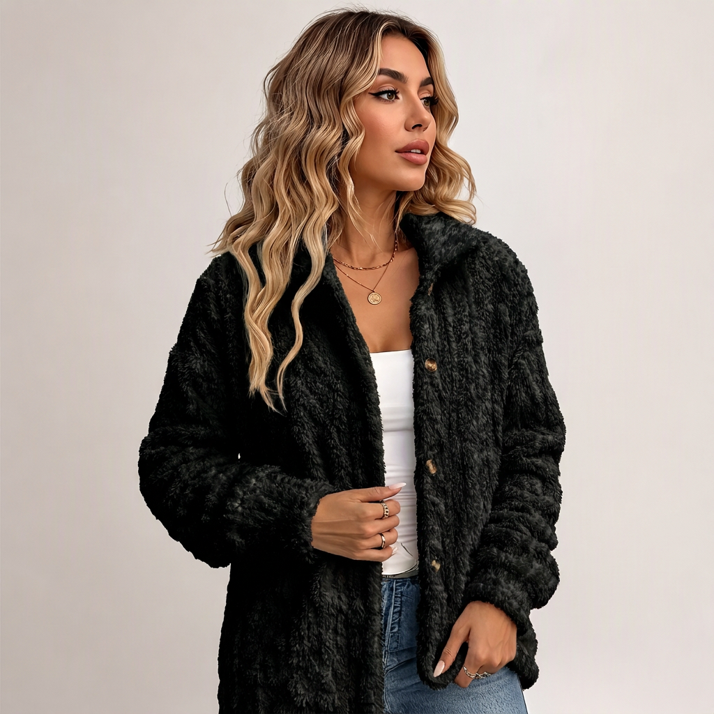 🍂 50% RABATT – Myk Teddyjakke for Dame med Knapper og Sidelommer