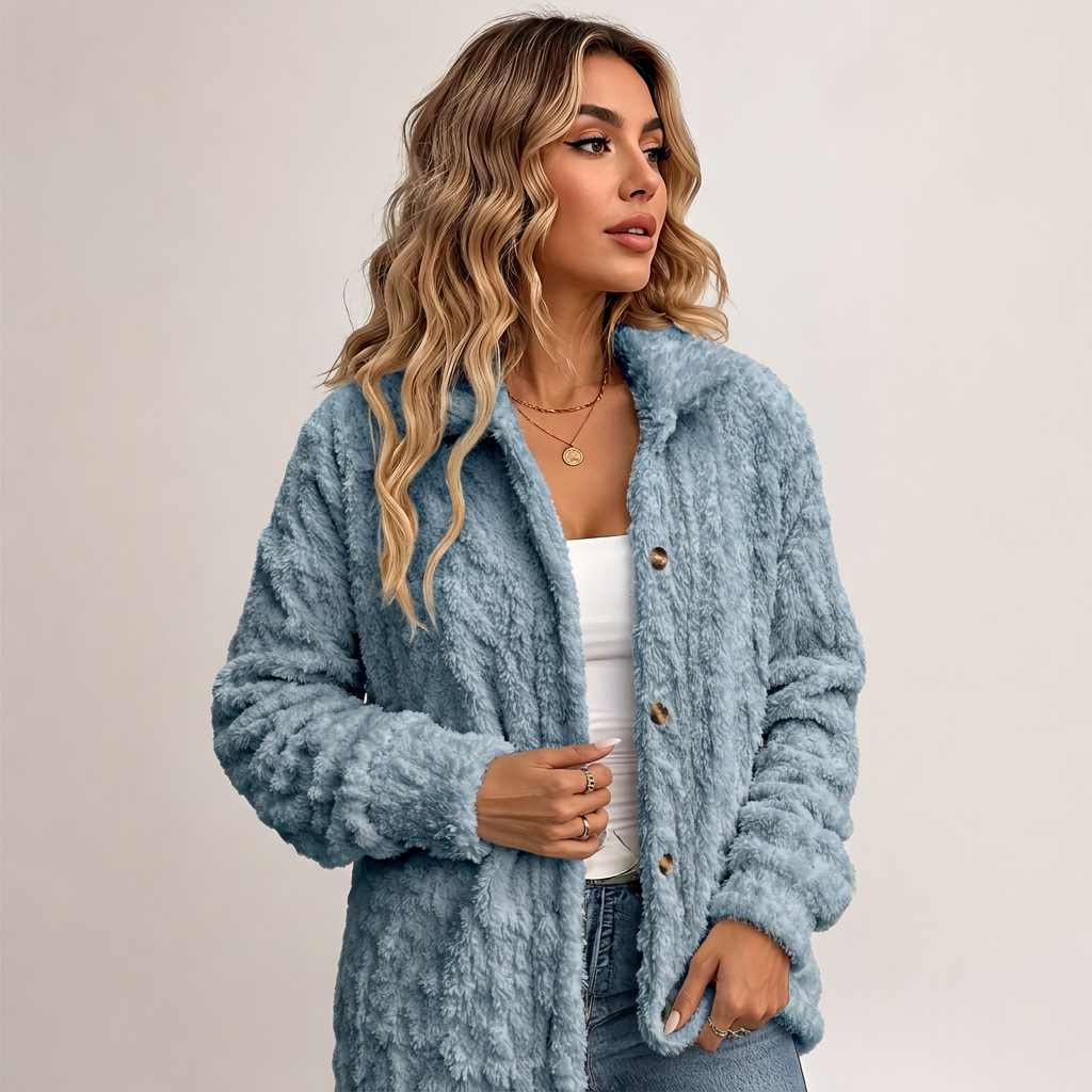 🍂 50% RABATT – Myk Teddyjakke for Dame med Knapper og Sidelommer