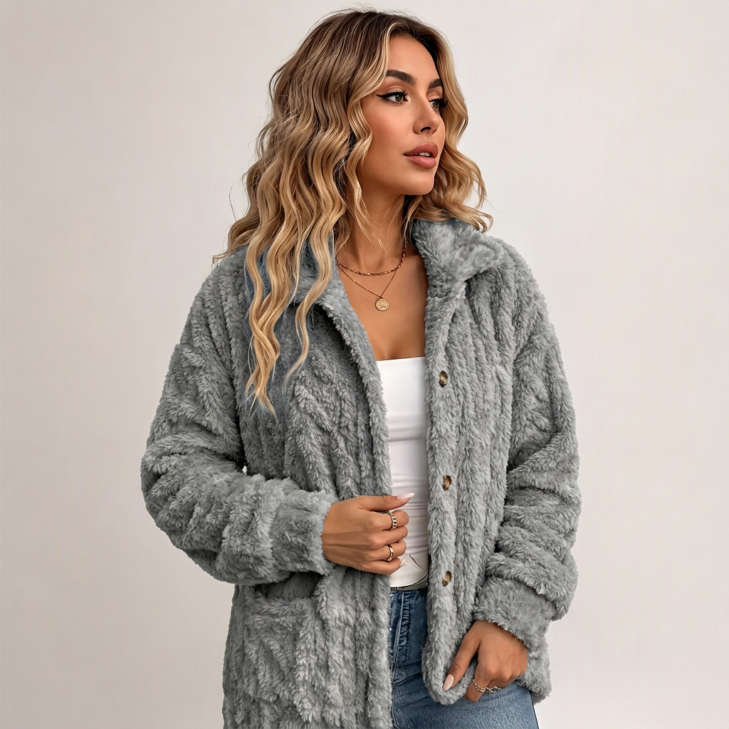 🍂 50% RABATT – Myk Teddyjakke for Dame med Knapper og Sidelommer