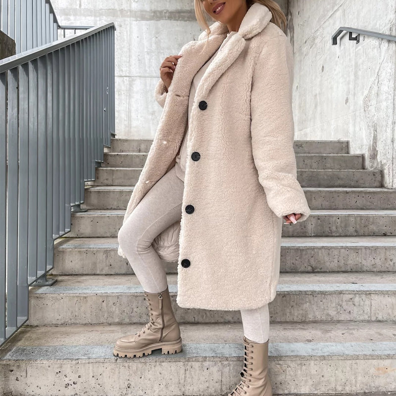 🧸 50% RABATT – Varm teddyjakke med slagkrage for dame | Myk knappelukket vinterkåpe