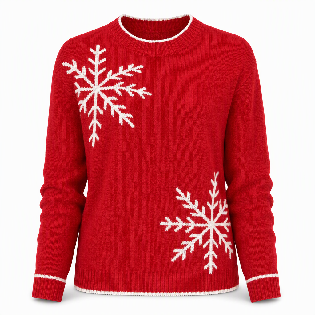 🎄 50% RABATT ❄️ Julegenser til Dame med Snøfnugg – Myk Strikk, Rund Hals & Avslappet Passform ✨