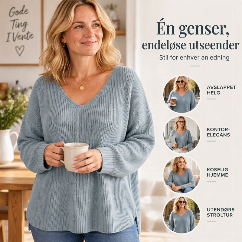 Stor V-halset strikket genser til dame
